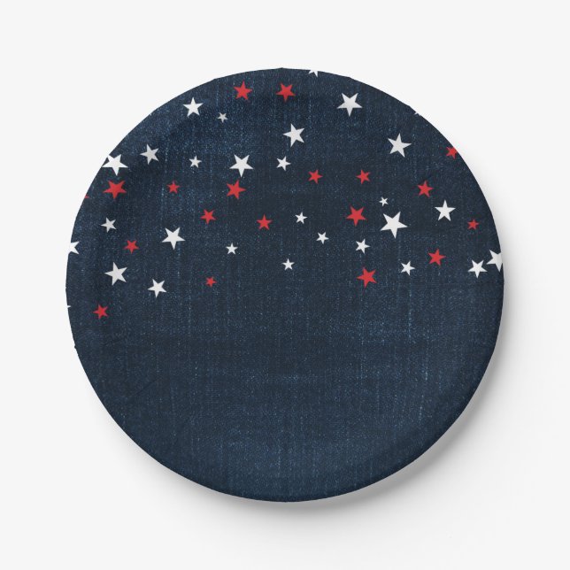 Red White & Blue Stars Denim Custom Party Paper Plates (Front)