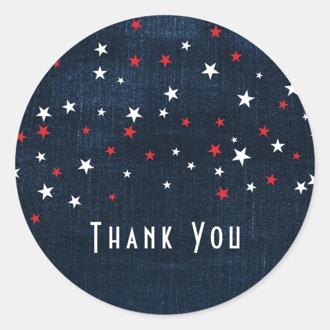 Red White & Blue Stars Denim Party Favor Classic Round Sticker (Front)