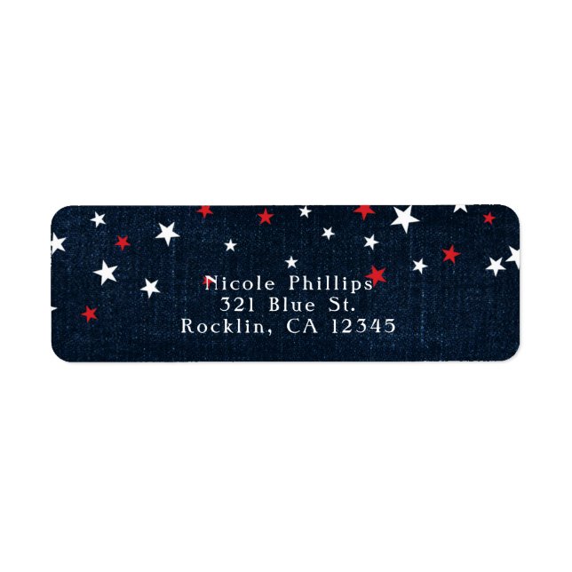 Red White & Blue Stars Denim Party Invitation Label (Front)