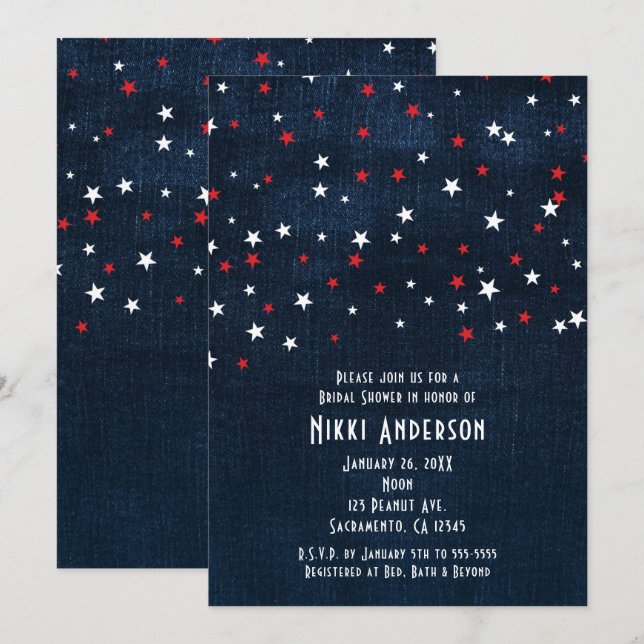 Red White & Blue Stars Denim Party Invitations (Front/Back)