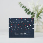 Red White & Blue Stars Denim Save the Date Party Announcement Postcard (Standing Front)