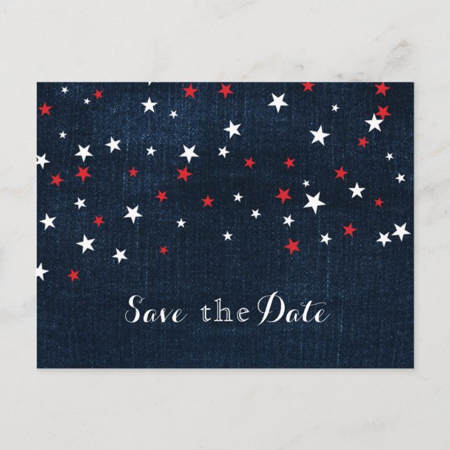 Red White & Blue Stars Denim Save the Date Party Announcement Postcard (Front)