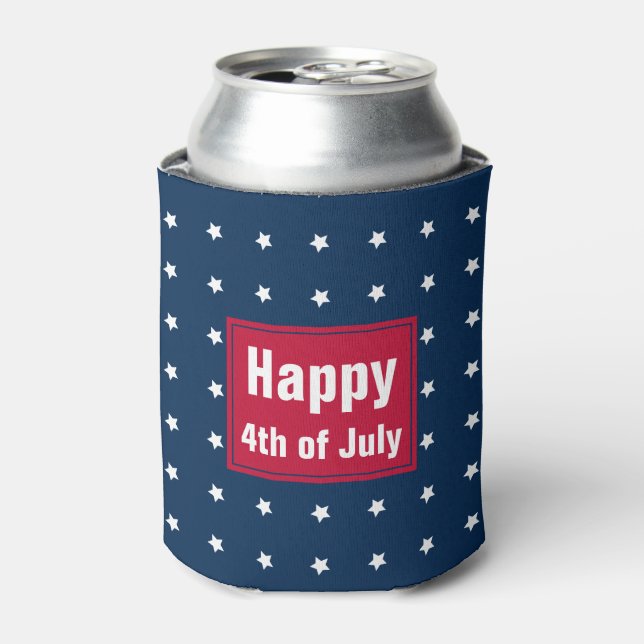 Red White Blue Stars Pattern 4th of July BBQ Party Can Cooler (Can Front)