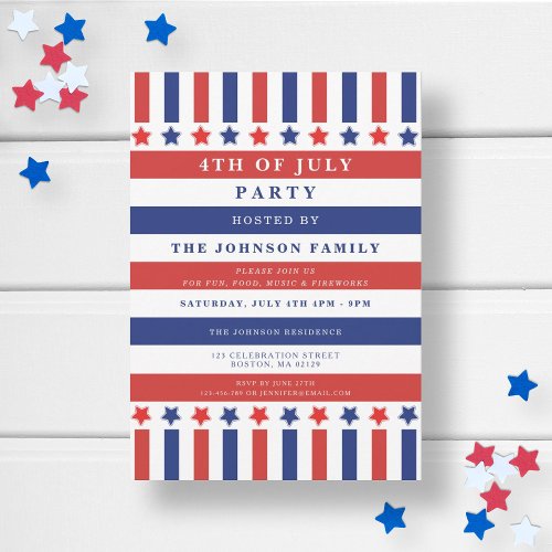 Red White Blue Stars  Stripes 4th Of July Party Invitation