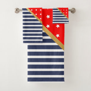 RED WHITE BLUE STARS & STRIPES BATHROOM TOWEL SET