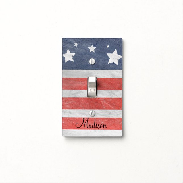 Red White Blue Stars & Stripes Grunge Light Switch Cover (In Situ)