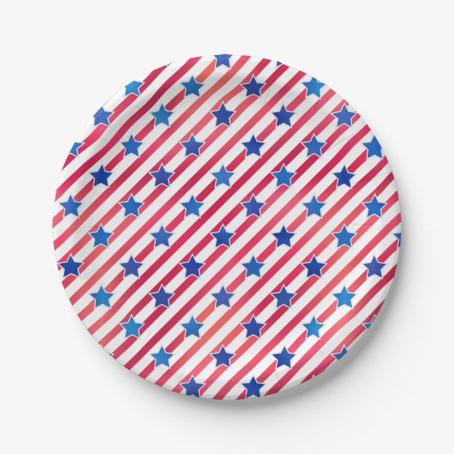 Red White Blue Stars Stripes USA American Flag Paper Plates (Front)
