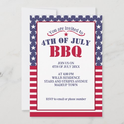 Red White Blue Stars Stripes USA flag 4 July BBQ Invitation