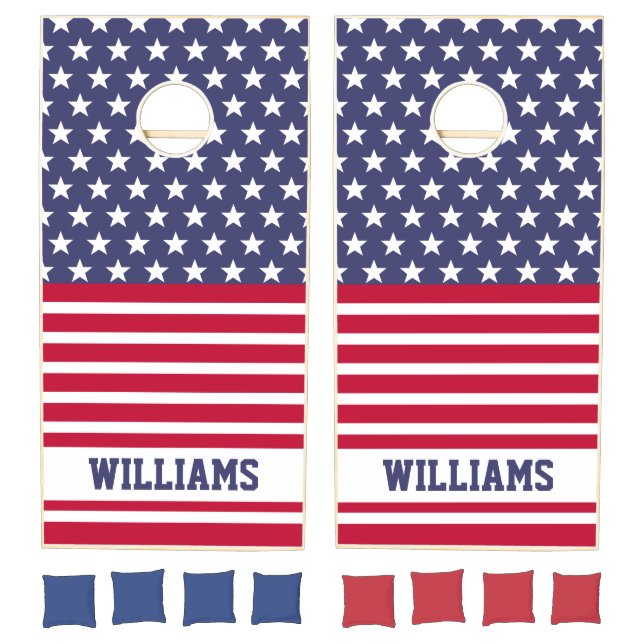 Red White Blue Stars Stripes USA flag Monogram Cornhole Set (Set)