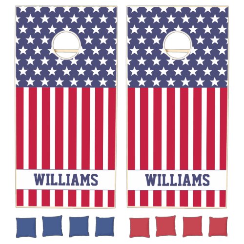 Red White Blue Stars Stripes USA flag Monogram Cornhole Set