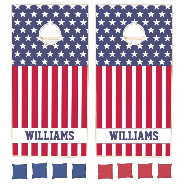 Red White Blue Stars Stripes USA flag Monogram Cornhole Set (Set)