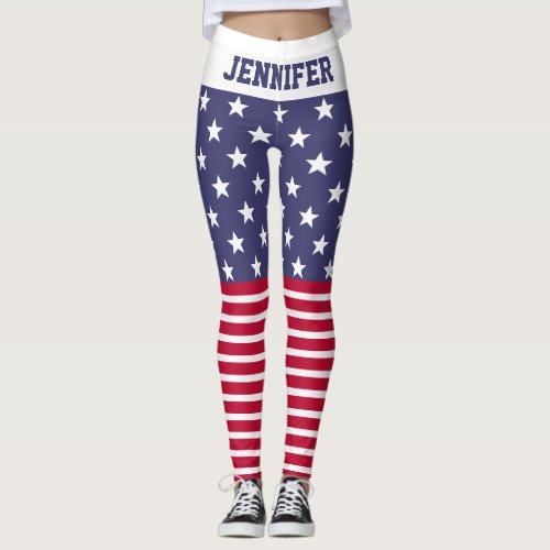 Red White Blue Stars Stripes USA flag Your name Leggings