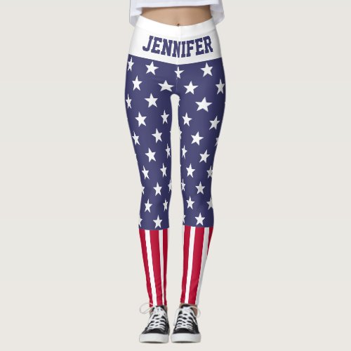 Red White Blue Stars Stripes USA flag Your name Leggings