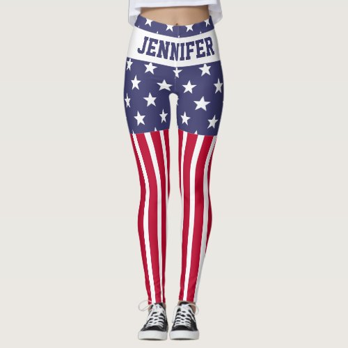 Red White Blue Stars Stripes USA flag Your name Leggings