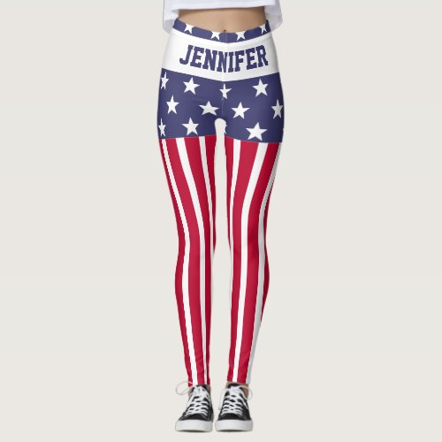 Red White Blue Stars Stripes USA flag Your name Leggings