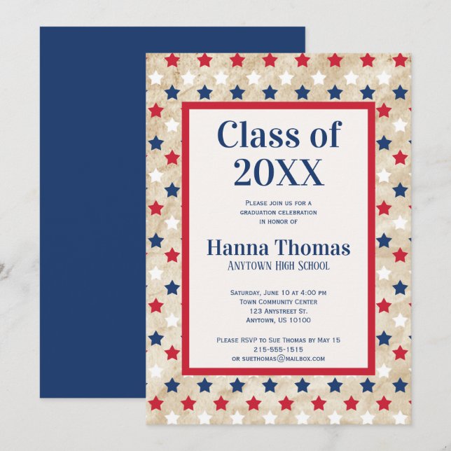 Red White Blue Stars US Military Graduation  Invit Invitation (Front/Back)