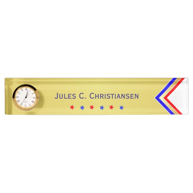 Red White Blue / Stars (Your Name) Gold Background Desk Name Plate (Front)
