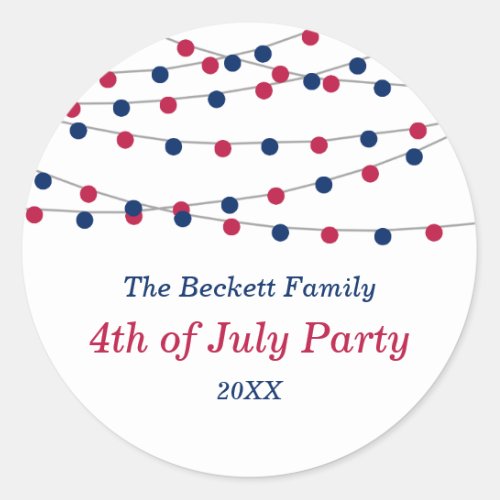 Red White  Blue String Lights 4th Of July Party Classic Round Sticker