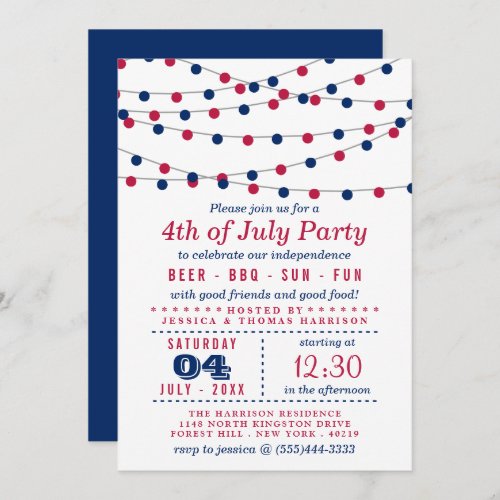 Red, White & Blue String Lights 4th Of July Party Invitation - Red, White & Blue Hanging String Lights 4th Of July Party Invitations.