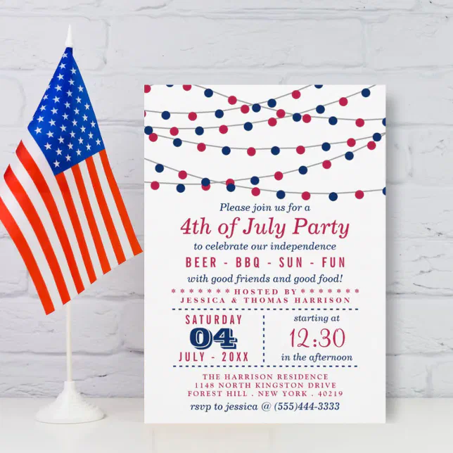 Red, White & Blue String Lights 4th Of July Party Invitation 