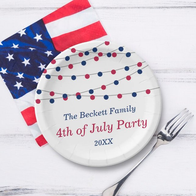 Red, White & Blue String Lights 4th Of July Party Paper Plates (Creator Uploaded)