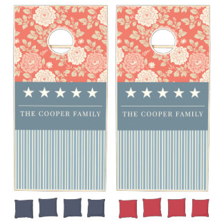 Red White Blue Stripe Block Print Stars Cornhole Set
