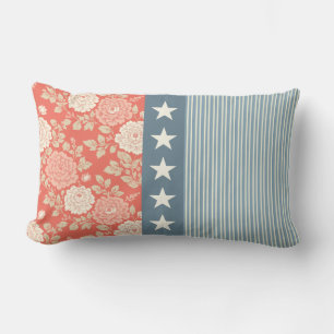 Red White Blue Stripe Block Print Stars Lumbar Pillow