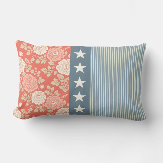 Red White Blue Stripe Block Print Stars Lumbar Pillow (Front)