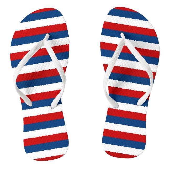 Red White Blue Striped Pattern Flip Flops (Footbed)