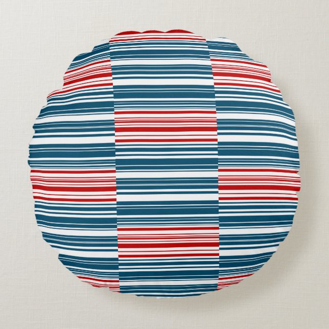 Red White Blue Striped Pattern Round Pillow (Front)