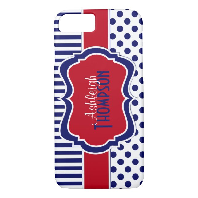 Red, White, Blue Striped Polka Dots iPhone 7 Case (Back)