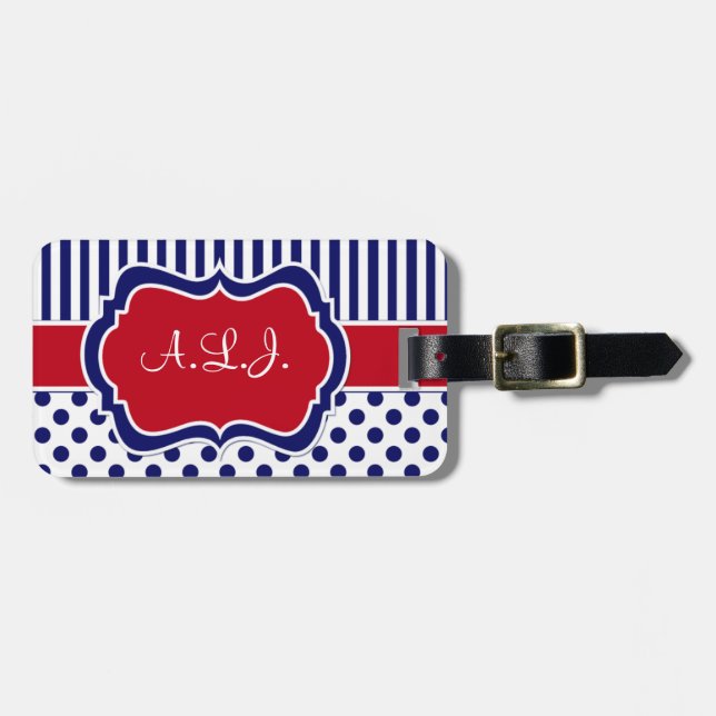 Red, White, Blue Striped Polka Dots Luggage Tag (Front Horizontal)