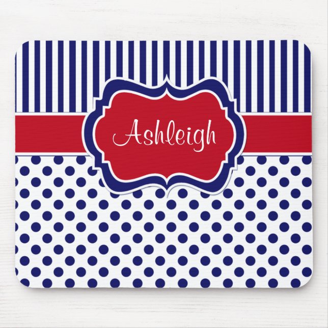 Red White Blue Striped Polka Dots Mousepad (Front)