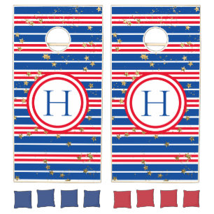 Red White & Blue Striped with Gold Stars Monogram Cornhole Set