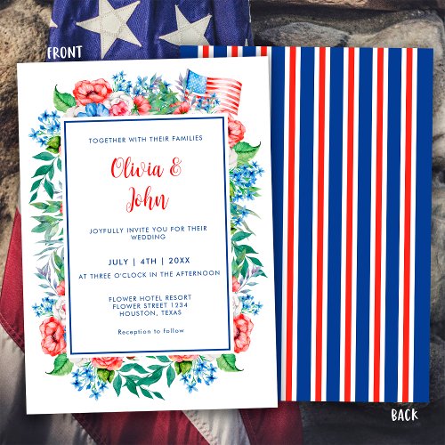 Red White Blue Stripes 4th July Patriotic Wedding Invitation