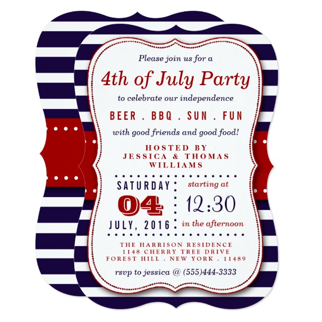 Red, White & Blue Stripes 4th Of July Party Invitation