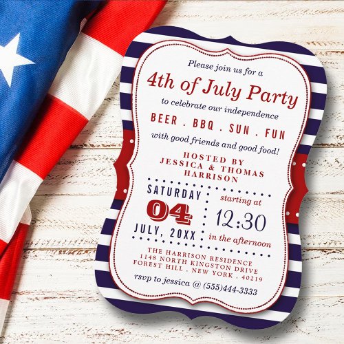 Red White  Blue Stripes 4th Of July Party Invitation