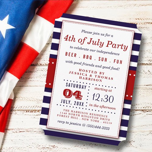 Red White  Blue Stripes 4th Of July Party Invitation