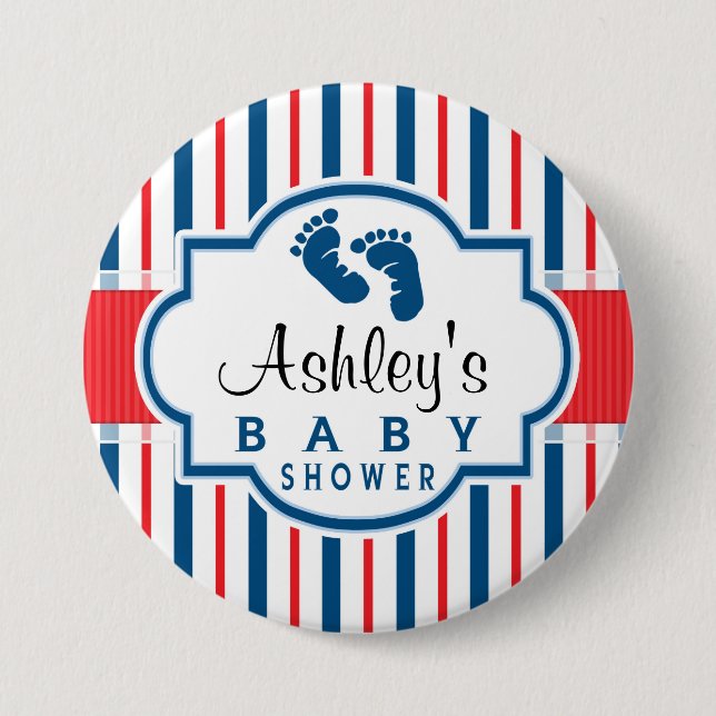 Red, White, & Blue Stripes Baby Shower Pinback Button (Front)