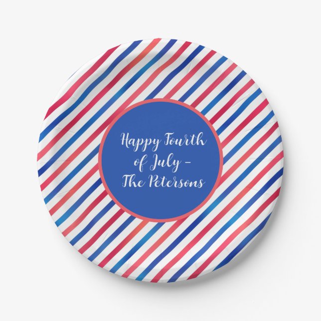 Red White Blue Stripes USA America Patriotic Paper Plates (Front)