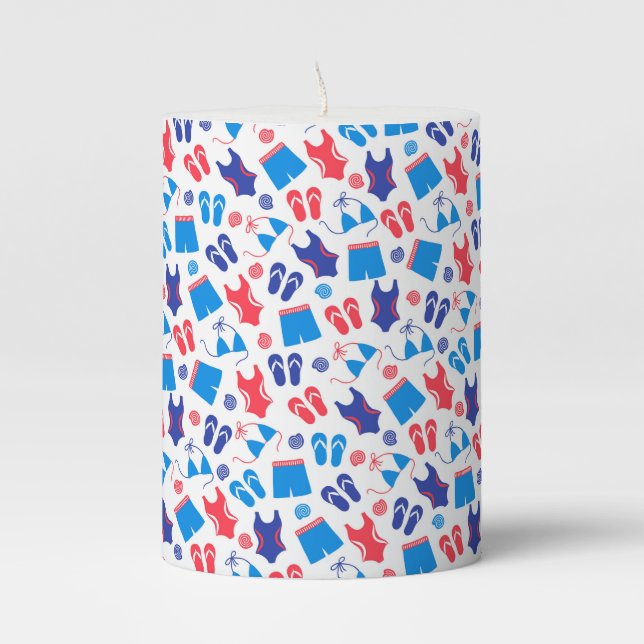 Red White Blue Swimsuits &  Flip Flops Summer Pillar Candle (Front)