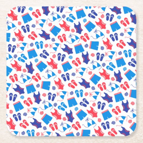 Red White Blue Swimsuits Flip Flops Summer Square Paper Coaster