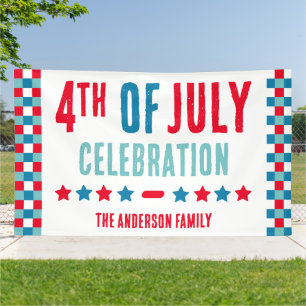 Red White Blue Tartan Plaid 4th of July Party Banner