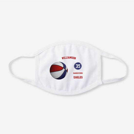 red white blue team colors basketball player name white cotton face mask