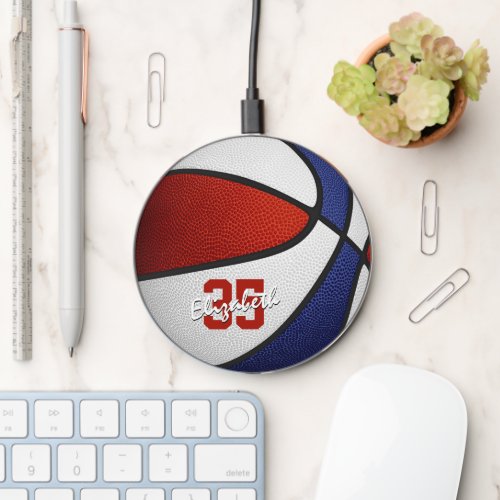 red white blue team colors girls boys basketball wireless charger 