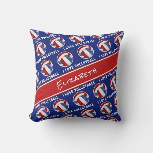 red white blue team colors girls I love volleyball Throw Pillow