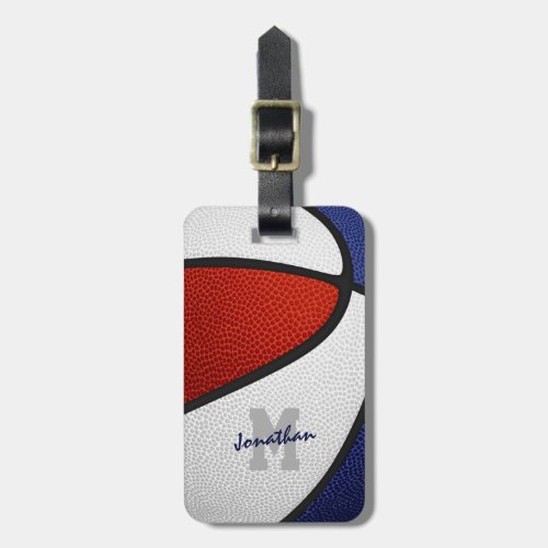 red white blue team colors monogram basketball luggage tag