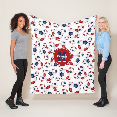 red white blue team colors soccer balls pattern fleece blanket