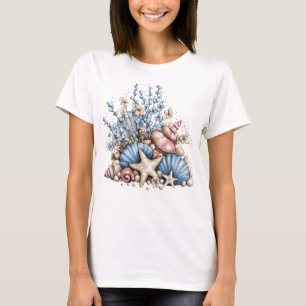 RED WHITE BLUE TROPICAL SEASHELLS & PLANTS T-Shirt