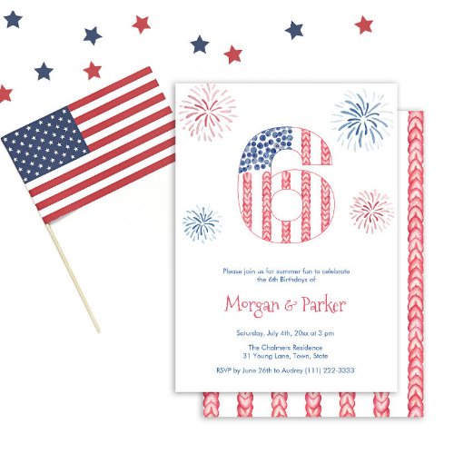 Red White Blue Twins 6th Birthday Party Invitation
